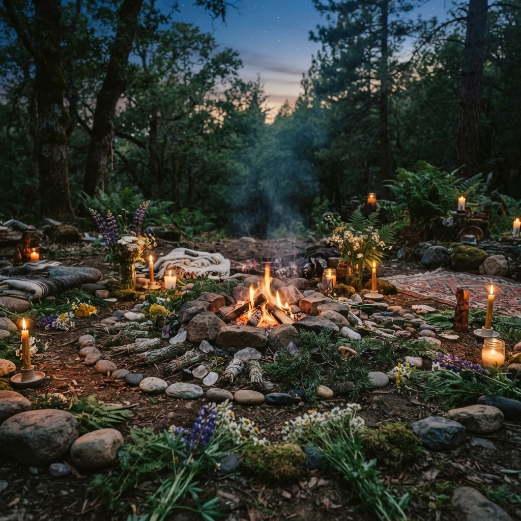 A sacred ceremonial space with a small warm fire at dusk
