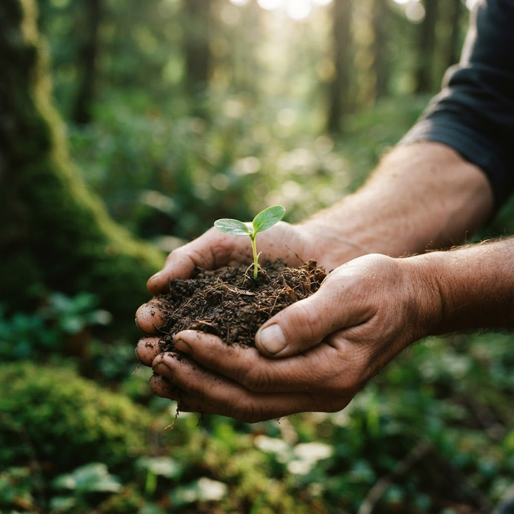 Hands cradling soil and a young green seedling in a sunlit forest