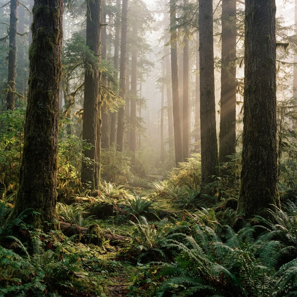Sunlight streaming through a misty old-growth forest at dawn