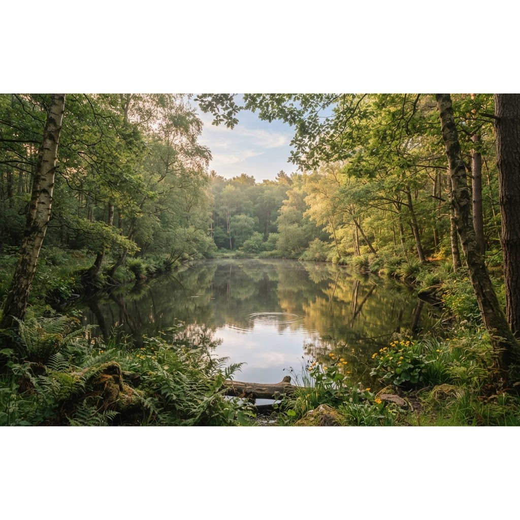 A tranquil forest pond reflecting soft morning light